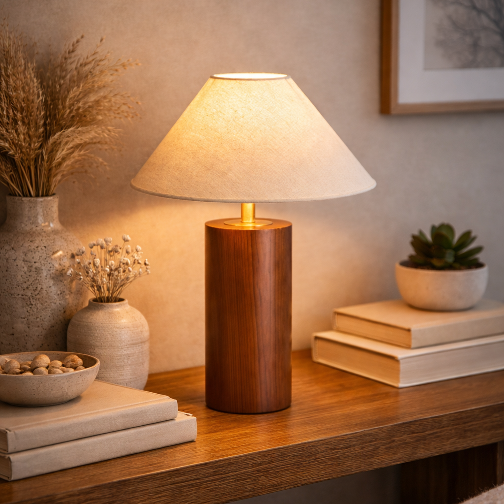 Oslo Natural Wood Artisan Lamp with Linen Shade