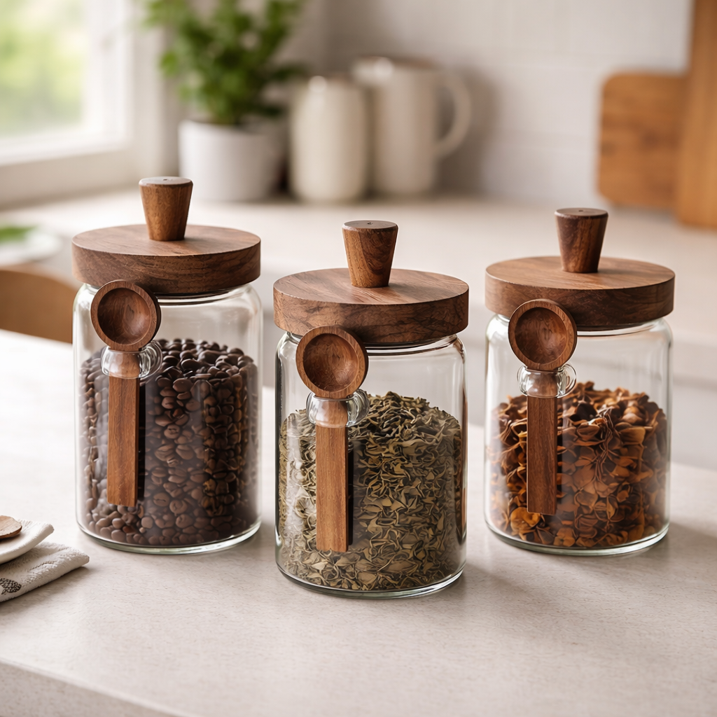 Copenhagen Airtight Glass Storage Jar Set with Bamboo Lids & Spoons