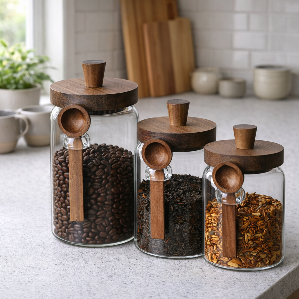 Copenhagen Airtight Glass Storage Jar Set with Bamboo Lids & Spoons - 3 Pcs Set
