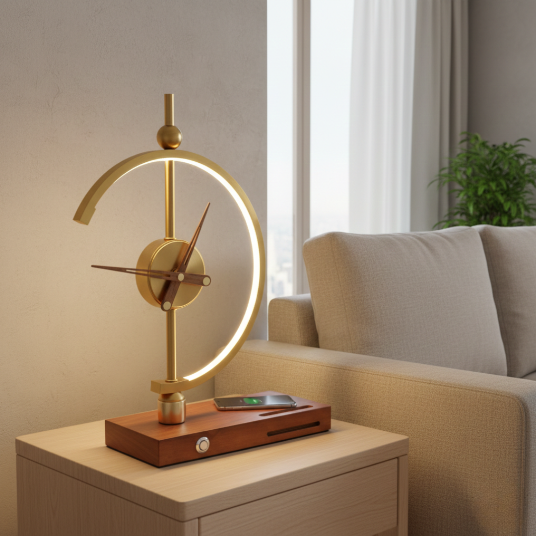 Edison Retro Clock Table Lamp with Wireless Charging