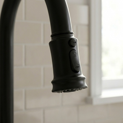 Hudson Matte Black Bridge Kitchen Faucet with Pull-Down Sprayer