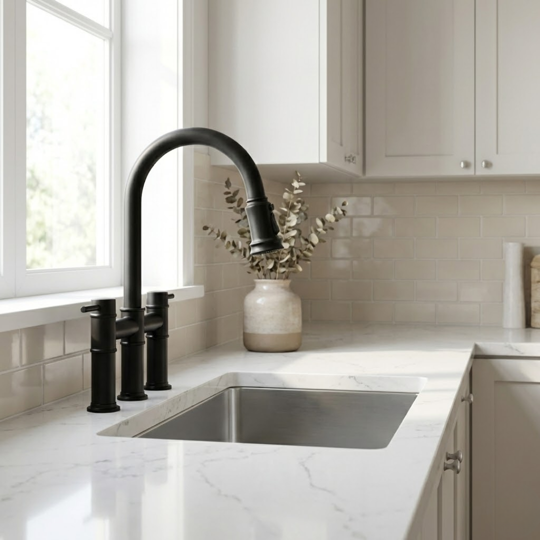 Hudson Matte Black Bridge Kitchen Faucet with Pull-Down Sprayer
