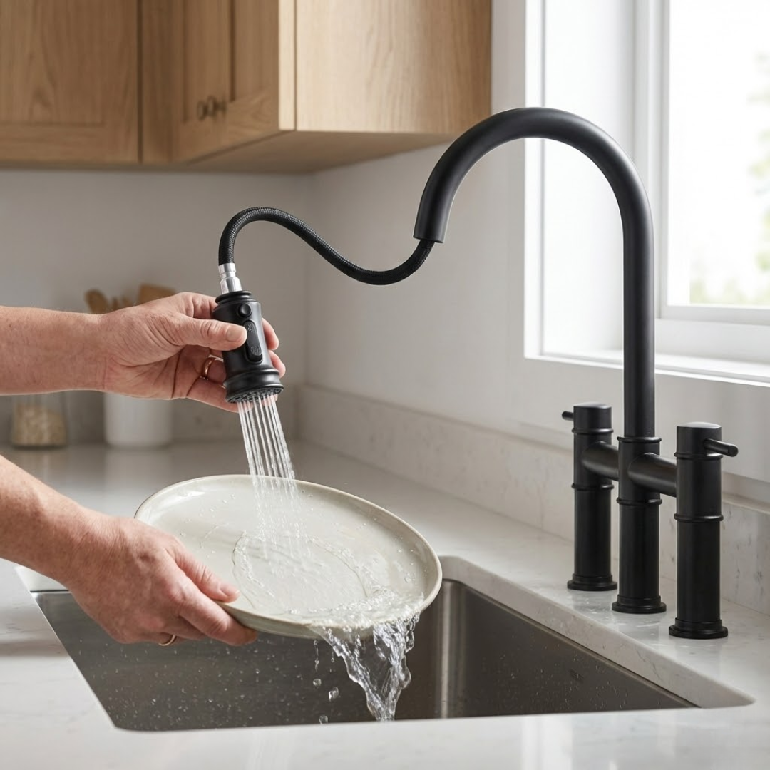 Hudson Matte Black Bridge Kitchen Faucet with Pull-Down Sprayer