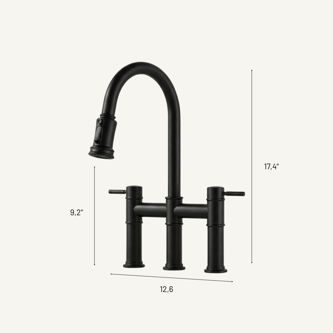 Hudson Matte Black Bridge Kitchen Faucet with Pull-Down Sprayer