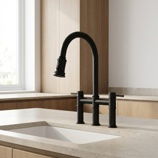 Hudson Matte Black Bridge Kitchen Faucet with Pull-Down Sprayer