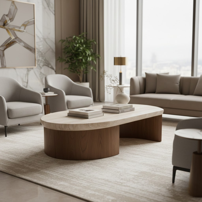 Italian Irregular Coffee Table with Solid Wood Legs & Travertine Top