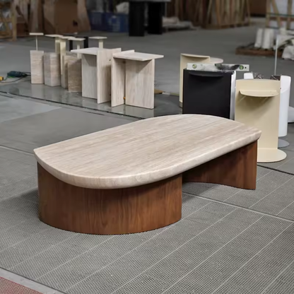 Italian Irregular Coffee Table with Solid Wood Legs & Travertine Top