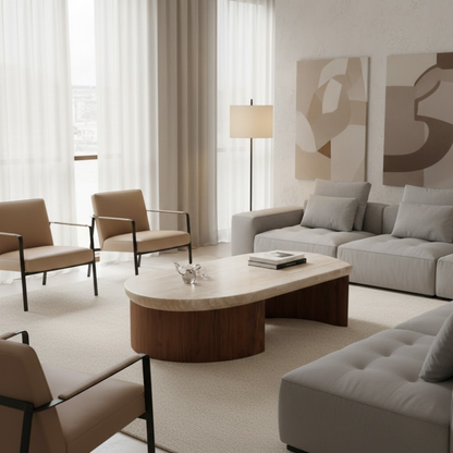 Italian Irregular Coffee Table with Solid Wood Legs & Travertine Top