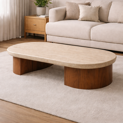 Italian Irregular Coffee Table with Solid Wood Legs & Travertine Top