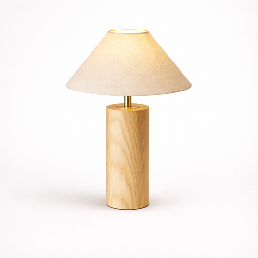 Oslo Natural Wood Artisan Lamp with Linen Shade