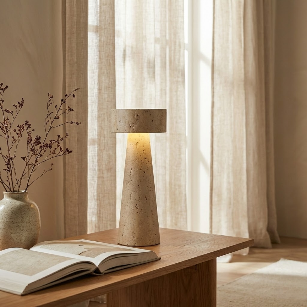 Palermo All-Travertine Cylinder Table Lamp