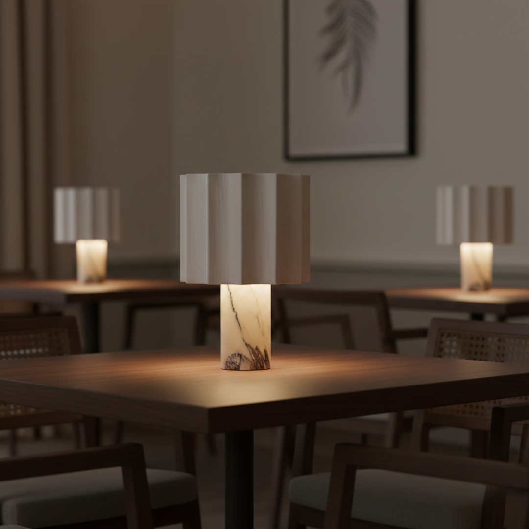 Riviera Cordless Marble and Fabric Table Lamp