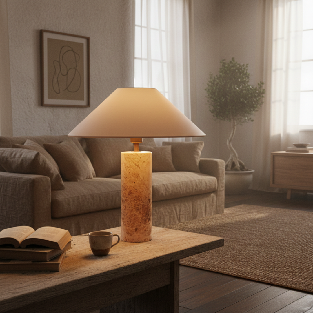 Toscana Vintage Travertine Table Lamp with Fabric Shade