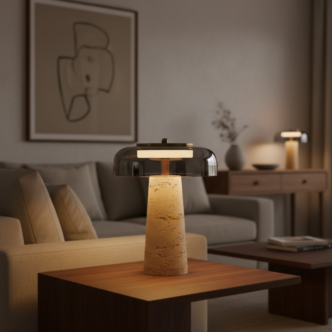 Umbria Travertine and Glass Mushroom Table Lamp