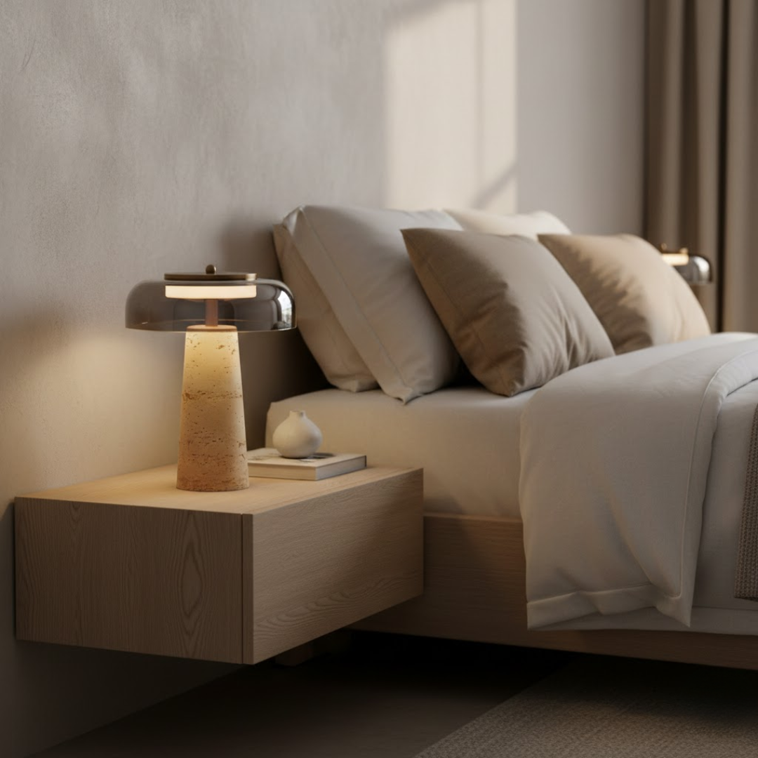 Umbria Travertine and Glass Mushroom Table Lamp