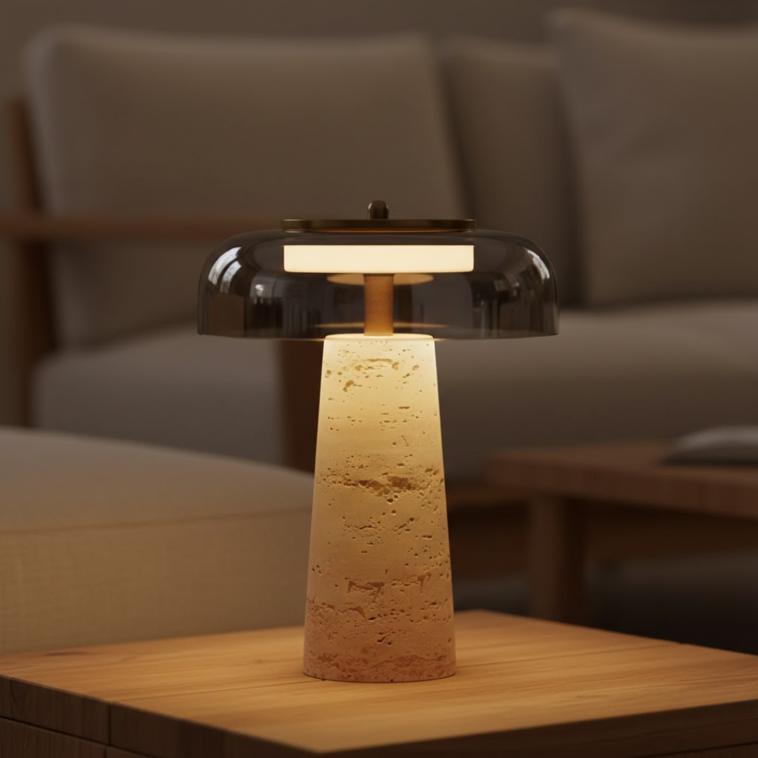 Umbria Travertine and Glass Mushroom Table Lamp