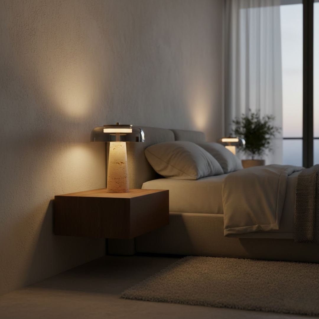 Umbria Travertine and Glass Mushroom Table Lamp