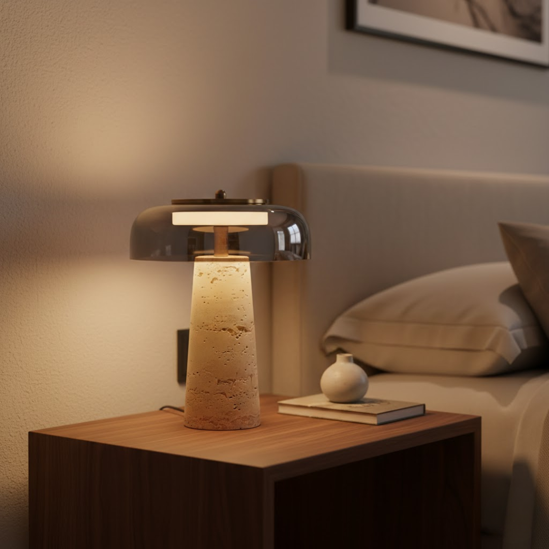 Umbria Travertine and Glass Mushroom Table Lamp